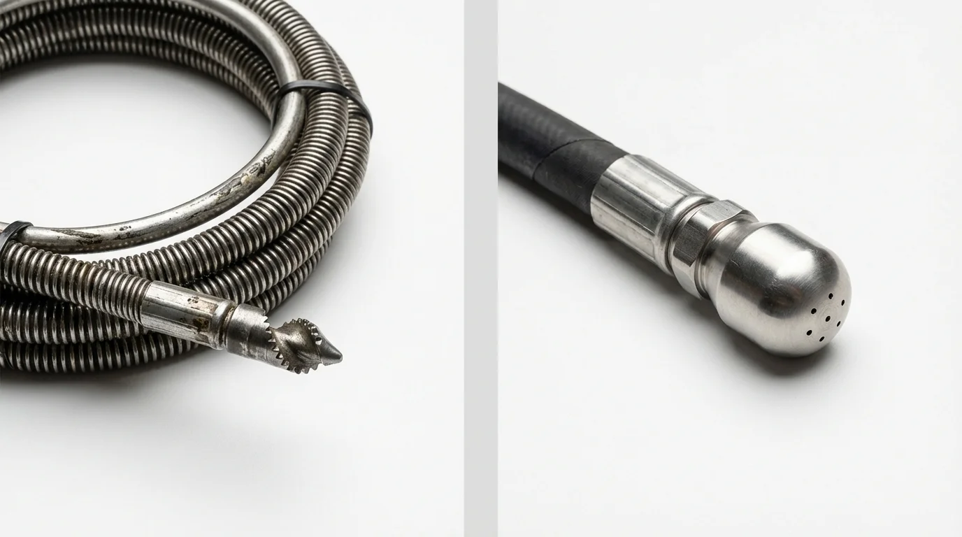 Drain snake cable and hydro jetting nozzle used for drain cleaning in Mountain Iron, MN