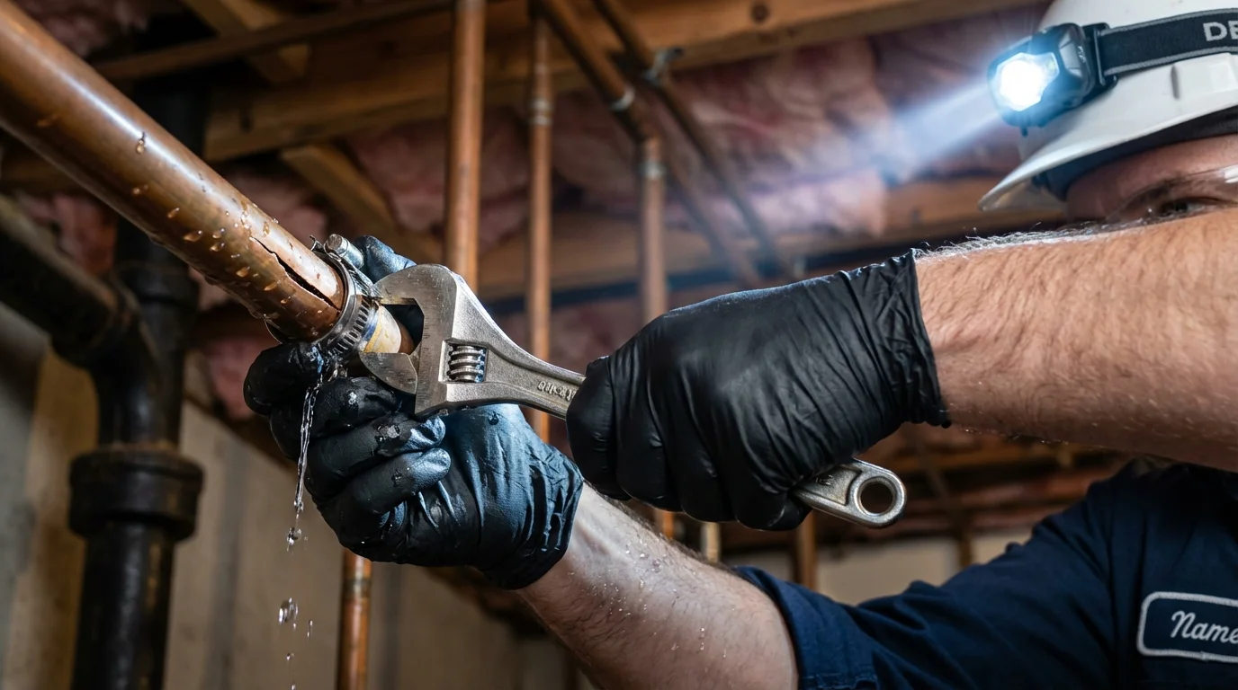 Emergency pipe clamp repair being performed by a Johns Plumbing LLC plumber in Mountain Iron