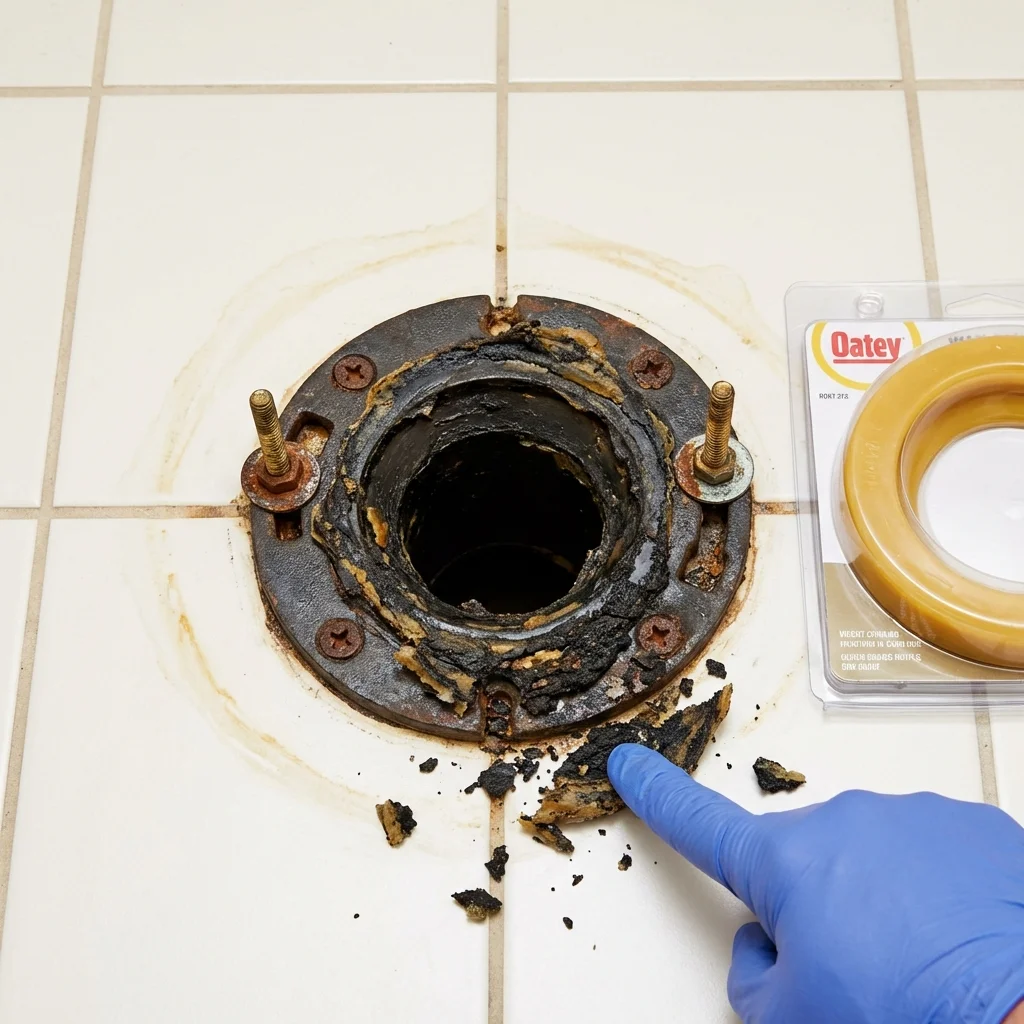 Failed wax ring showing water seepage at the base of a toilet in a Mountain Iron, MN home