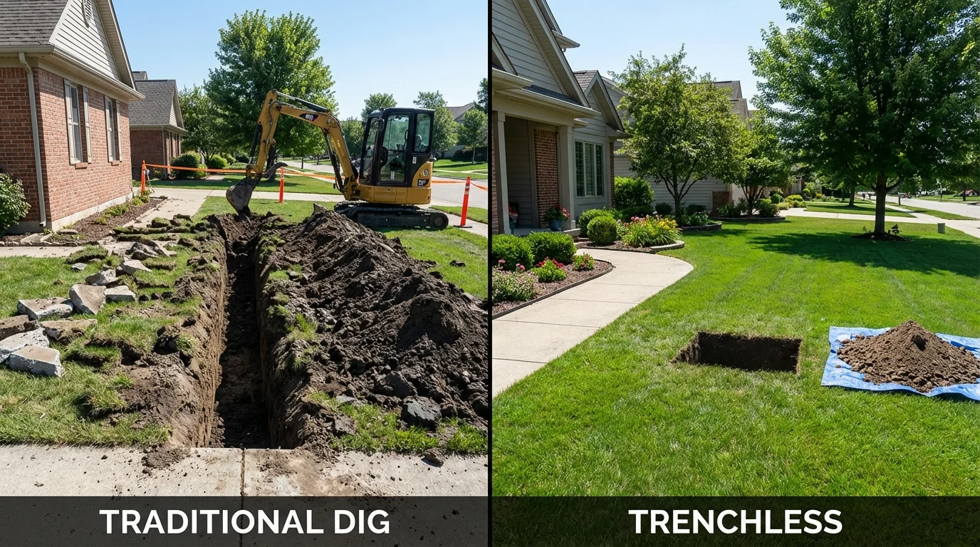 Trenchless sewer repair with minimal yard damage versus traditional excavation in Mountain Iron, MN