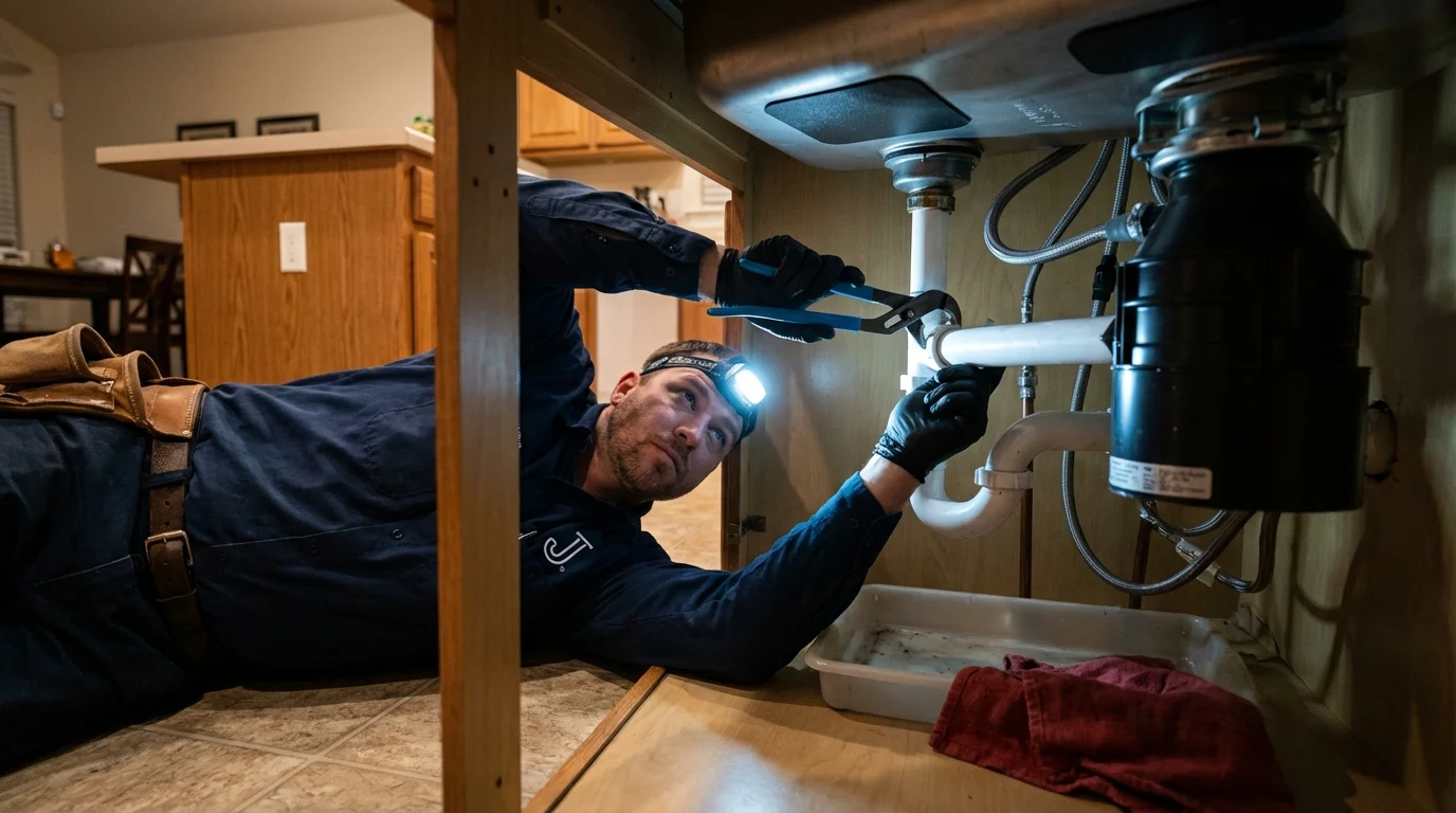 P-trap and supply line connections under a kitchen sink showing a common leak point in Mountain Iron, MN